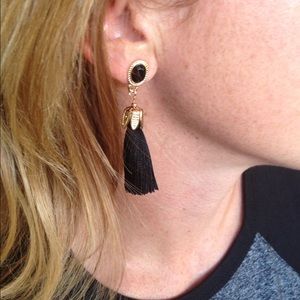 BLACK SILK TASSEL EARRINGS GOLD TRIM