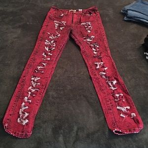 Burgundy distressed high waisted jeans