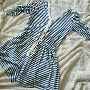 Blue and white striped button/tie romper