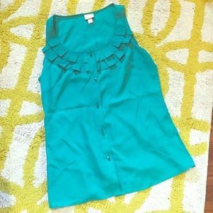Green, sleeveless, ruffle neck line shirt
