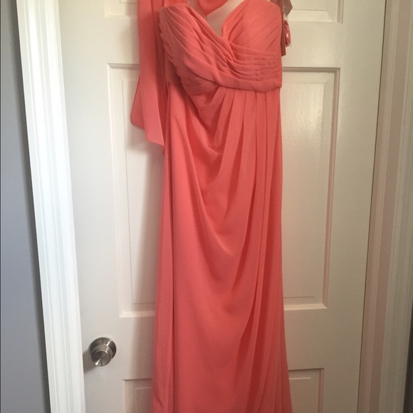 Coral long strapless bridesmaid dress