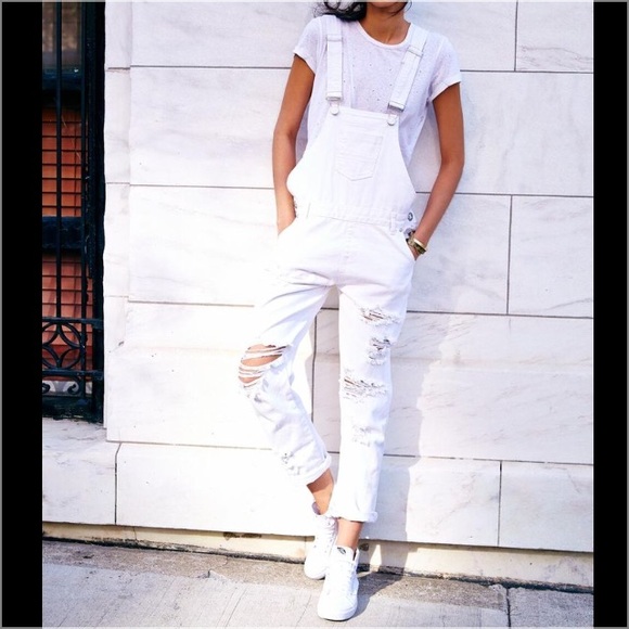 white distressed overalls