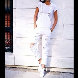 White distressed denim overalls