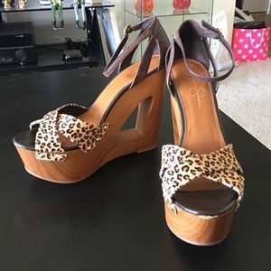 Jessica Simpson wood and leopard wedges