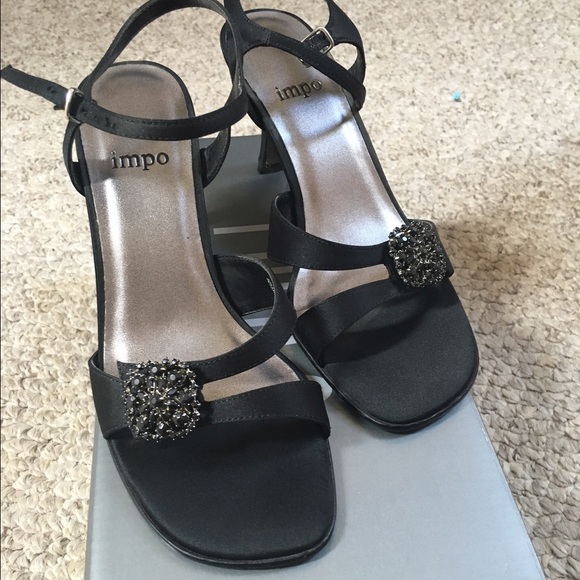 Black satin rhinestone IMPO dressy sandals
