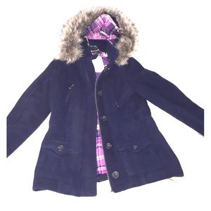 Navy Wool Coat w/ Faux Fur