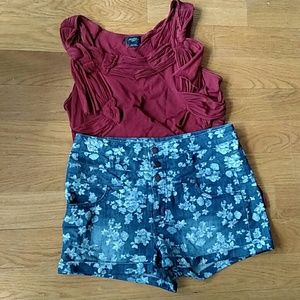High waisted floral denim shorts