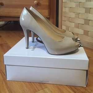 Nine West Nude Patent Open Toe Pump