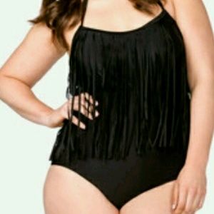 F21+ Black one piece fringe swimsuit