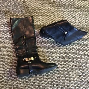 ZARA Black leather boots with gold buckle detail