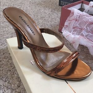 Copper/gold sequined heeled sandals