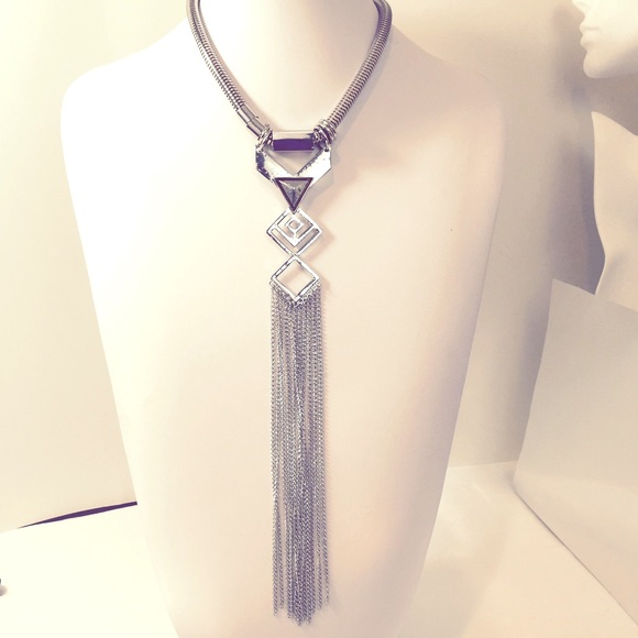 Silvertone Geometric Fringe Statement Necklace - Picture 2 of 4
