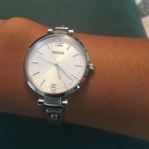 Shiny silver fossil watch
