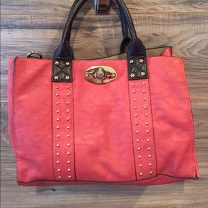 Coral pink tote style purse with dark brown
