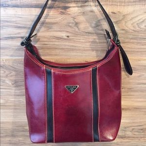 FAUX red and black, single strap purse