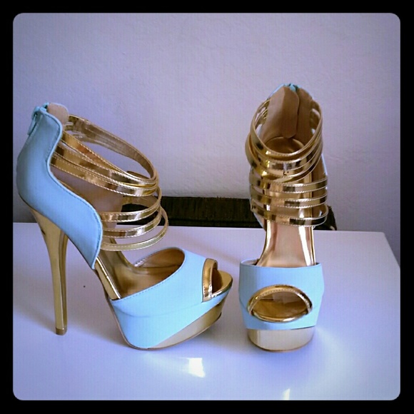 Gold & light blue godess heels