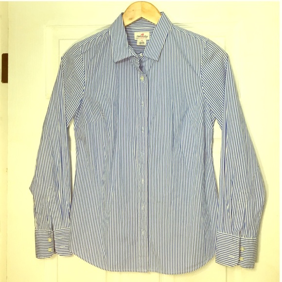 Thin stripped navy blue and white dress shirt