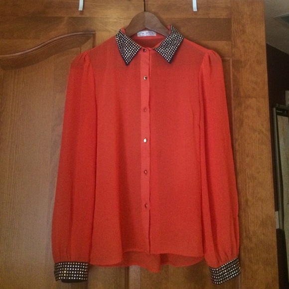 Orange and dark navy blue sheer top