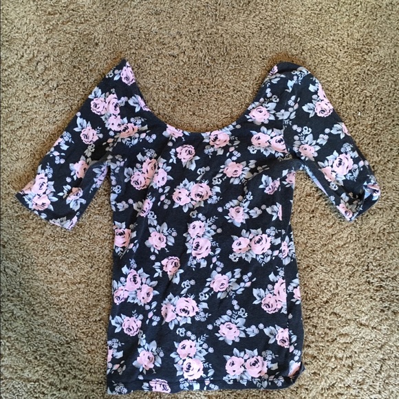 Black shirt with light pink and light blue flowers