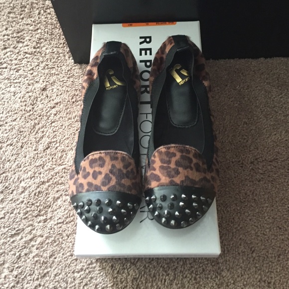 Report leopard calf hair flats w/ spike toe