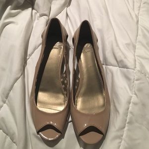 Beige Patent Leather Peep Tow Wedge