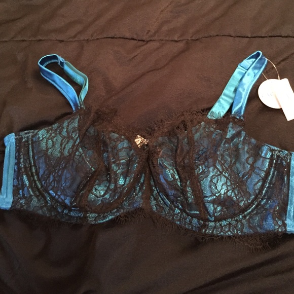 Satin blue and lace underwire bra