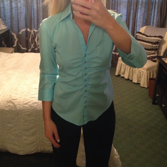 Blue 3/4 Sleeve Ruched Button Down Size XS