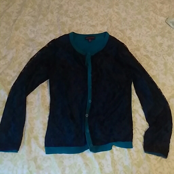 Turquoise Cardigan With Black Floral Detail - Picture 1 of 3