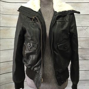 distressed bomber jacket with faux fur