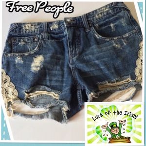 Free People Distressed Battenburg Denim Shorts