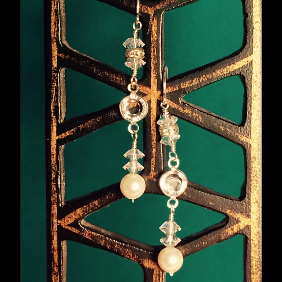 Pearl, Crystal and Sterling Silver Dangle Earrings