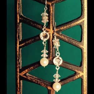 Pearl, Crystal and Sterling Silver Dangle Earrings