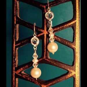 Pearl, Crystal and Sterling Silver Dangle Earrings