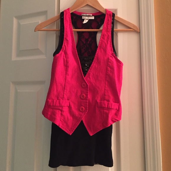 Black Sequin-Lace Back Tank Top with Hot Pink Vest