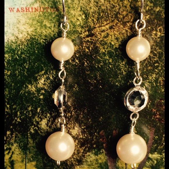 Pearl, Crystal and Sterling Silver Dangle Earrings