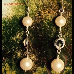 Pearl, Crystal and Sterling Silver Dangle Earrings