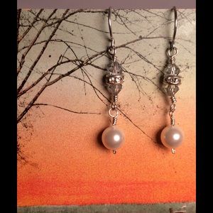 Pearl, Crystal and Sterling Silver Dangle Earrings
