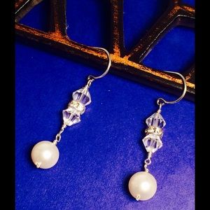 Pearl, Crystal and Sterling Silver Dangle Earrings