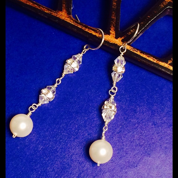 Pearl, Crystal and Sterling Silver Dangle Earrings