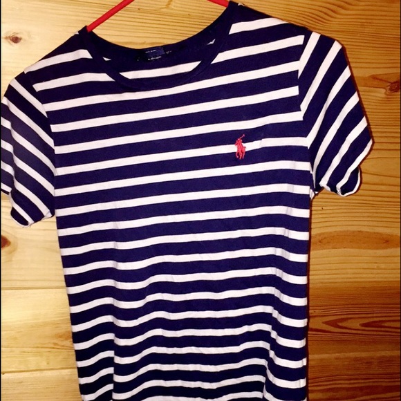 Navy and white striped polo shirt
