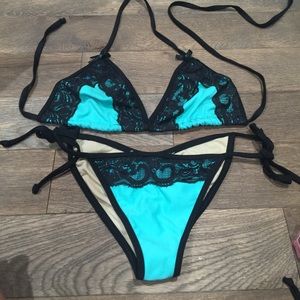 Custom Made Teal & Black Lace Bikini