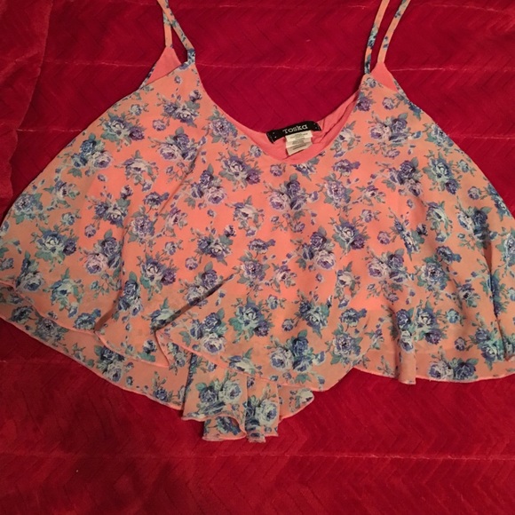 Toska Tops Peach With Blue And Purple Flowers Crop Top Poshmark