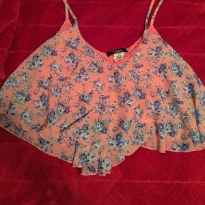 Peach with blue and purple flowers crop top