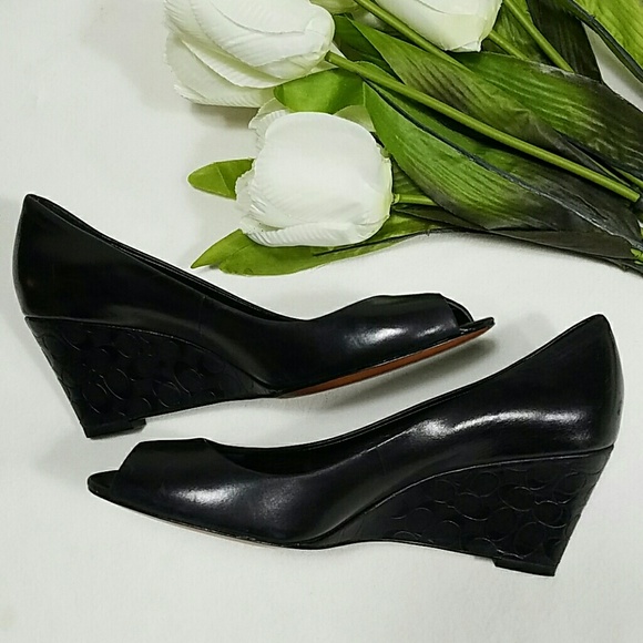 Coach Black Patent Leather Open Toed Wedges