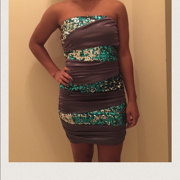 Gray Dress With Blue And Silver Detailing