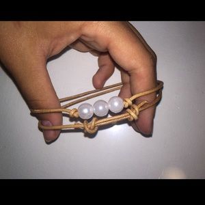 Freshwater pearl & leather bracelet double wrap