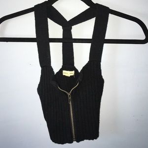 Black Knit Crop Top with Zipper Closure
