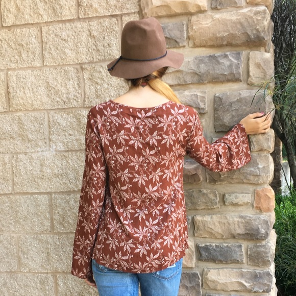 Bell Sleeve Lace Up  V-Neck Blouse - Picture 3 of 4