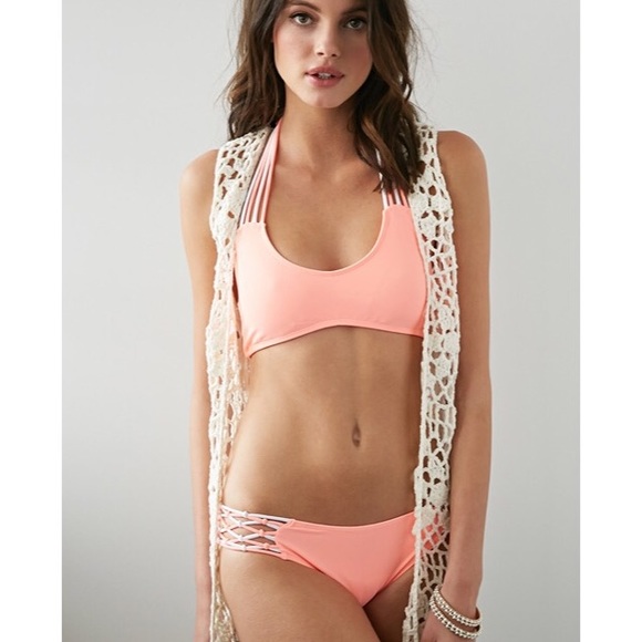 Strappy Halter Tie Bikini Set in Coral/White