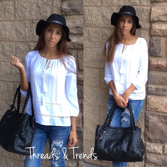 Tops - White Crotchet Inset Peasant Blouse